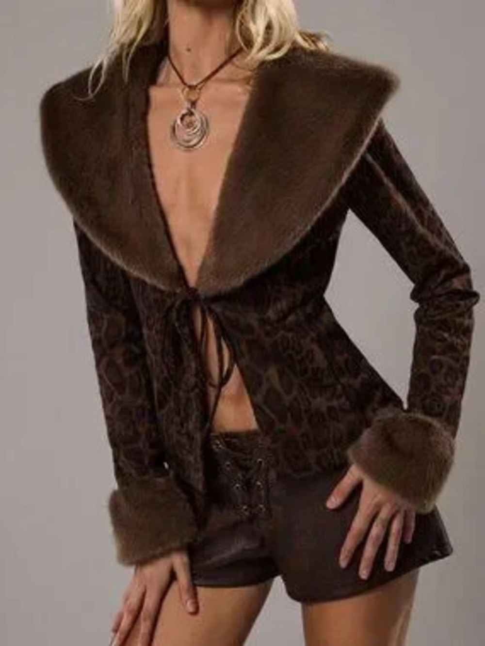 Multicolor Party Women's Contrast Faux Fur Knot Long Sleeve Jacket